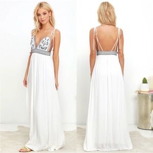 Pink Lily White Maxi Dress with Blue Paisley Embroidery